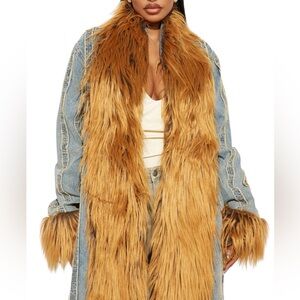 FASHION NOVA New Bad Habits Denim Trench Penny Lane Afghan Coat Faux Fur Medium